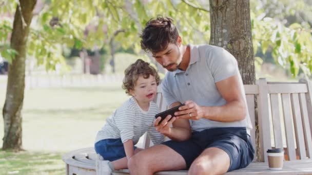 Vader Zit Park Bank Onder Boom Met Zoon Kijken Naar — Stockvideo