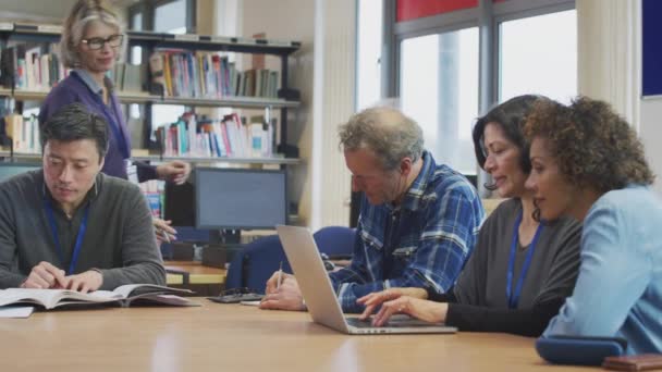 Женщина Педагог Помогает Группе Зрелых Мультикультурных Студентов Обучающихся Работающих Ноутбуке — стоковое видео