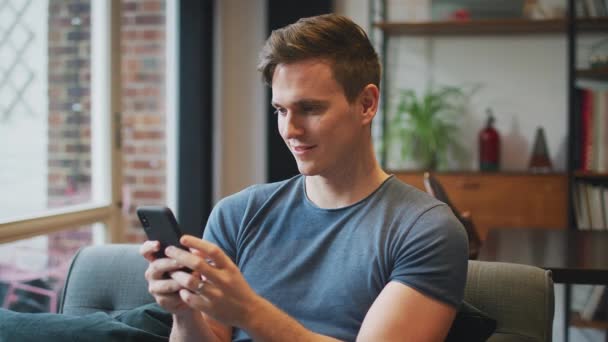 Sonriente Joven Sentado Sofá Casa Escribiendo Mensaje Texto Teléfono Móvil — Vídeos de Stock