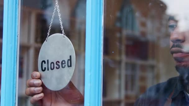 Man Running Small Business Turning Open Sign Shop Door Shot — Stock Video