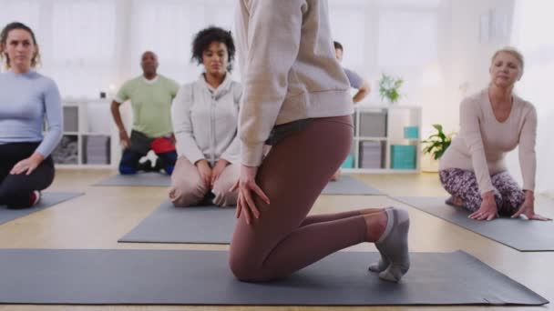 Profesora Ayudando Grupo Colchonetas Ejercicio Que Estiran Clase Yoga Dentro — Vídeo de stock