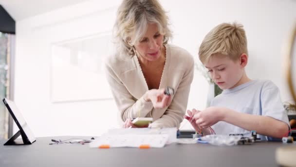 Nipote Con Nonna Che Assembla Componenti Elettronici Costruire Robot Insieme — Video Stock