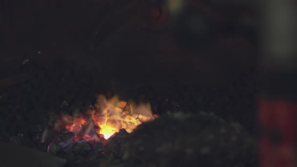 Lángok Lángoló Parázs Közelsége Kovácsműhelyben Lassított Felvételen — Stock videók