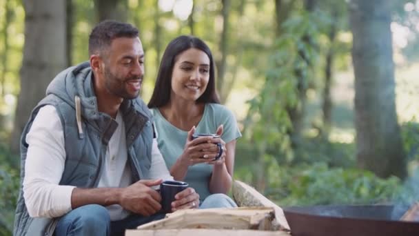 Couple Romantique Campant Dans Campagne Assis Par Feu Joie Dans — Video