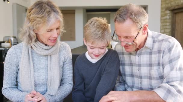 Petit Fils Avec Des Grands Parents Jouant Sur Une Tablette — Video