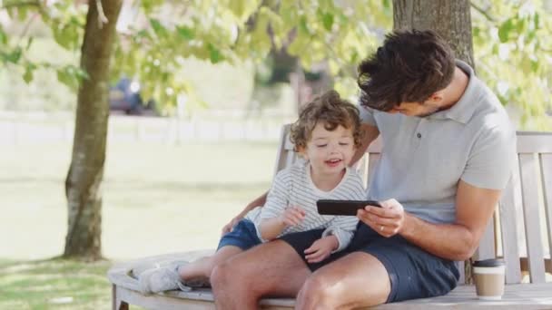 Vader Zit Park Bank Onder Boom Met Zoon Kijken Naar — Stockvideo