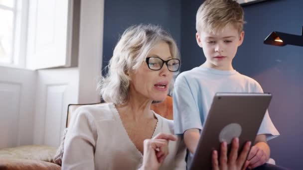 Grand Mère Petit Fils Maison Assis Dans Fauteuil Utilisant Tablette — Video