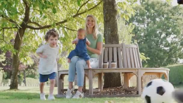 家族とともに赤ちゃんの女の子楽しいです公園でサッカーをプレイし 木の下の座席に座って スローモーションで撮影 — ストック動画