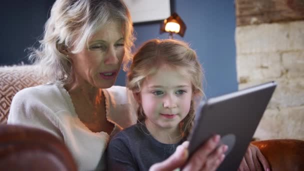 Grand Mère Petite Fille Maison Assis Dans Fauteuil Utilisant Tablette — Video