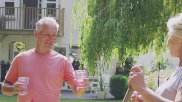 Homem Idoso Aposentado Trazendo Bebida Fria Para Mulher Arrumando Jardim — Vídeo de Stock