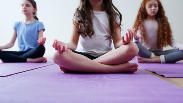 Zblízka Ruce Jako Skupina Dívek Sedí Rohožích Cvičení Meditují Józe — Stock video