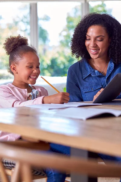 Mãe Ajudando Filha Com Escola Casa Sentada Mesa Com Tablet — Fotografia de Stock