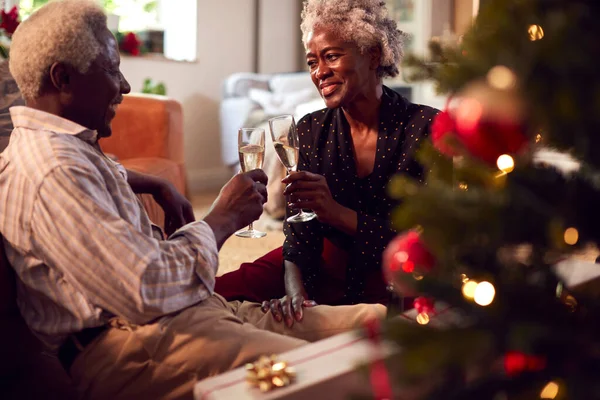 在家中的圣诞树旁 爱与香槟酒共庆佳节 — 图库照片