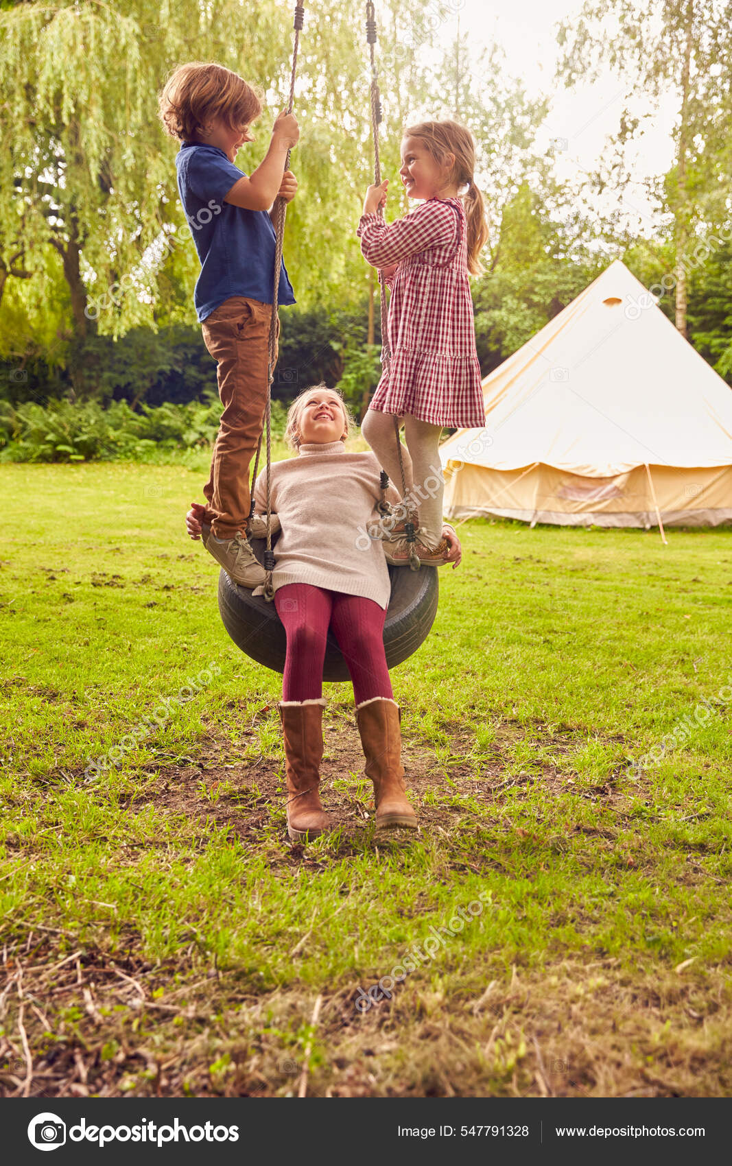 Three Children Playing Tyre Swing Garden Home Tent Background