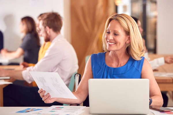 Rijpere Zakenvrouw Met Laptop Werken Tafel Office Coffee Shop — Stockfoto