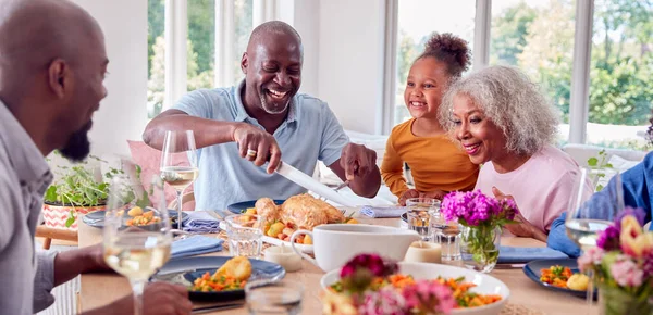 Grandfather Carving Multi Generation Family Sit Table Home Enjoy Eating — Stock Photo, Image