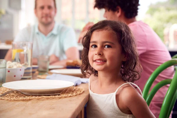 Portrait Girl Sitting Table Home Family Eating Meal Together — Stock Photo, Image