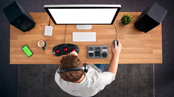 Overhead View Male Video Editor Working Computer Office Wearing Wireless — 스톡 사진