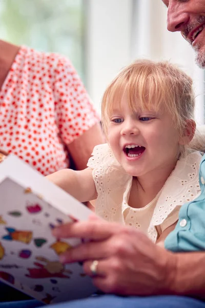 Close Dei Nonni Seduti Sul Divano Con Nipote Casa Lettura — Foto Stock