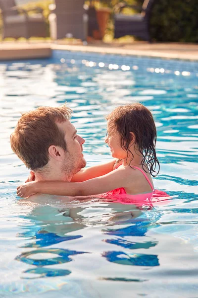 Laughing Father Daughter Having Fun Swimming Pool Summer Vacation Stok Lukisan  
