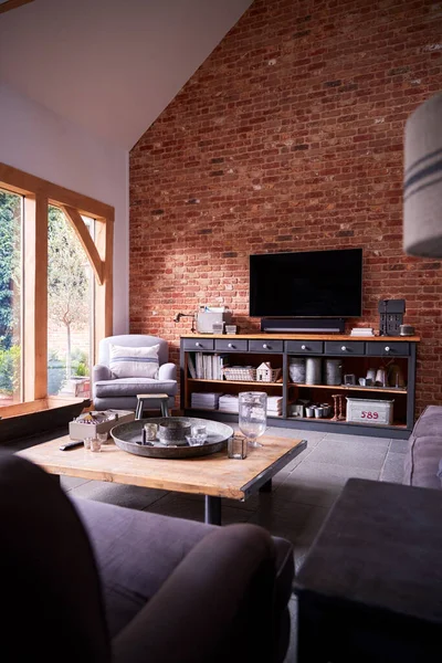 Interior Lounge Exposed Brick Walls Modern Open Plan House Apartment — Stock Photo, Image