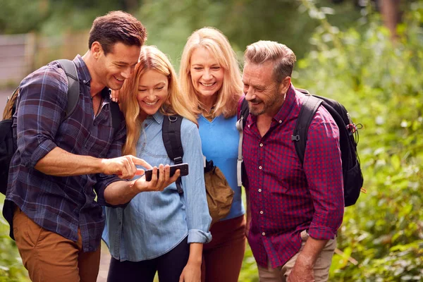 Grupp Vänner Vandring Landet Tittar Bilden Telefon När Vandrar Längs — Stockfoto