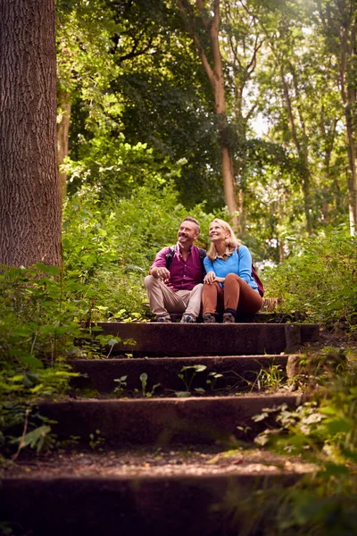 Maturo Coppia Campagna Escursionismo Lungo Percorso Attraverso Foresta Sit Take — Foto Stock