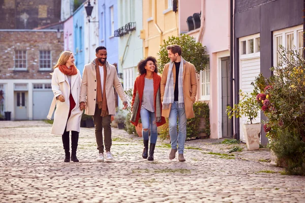 Multi Cultural Couple Friends Walking Residential City Street Fall Winter — Stock Photo, Image
