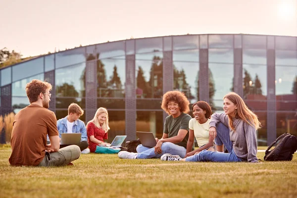 Grupo Estudantes Universitários Universitários Sentam Grama Livre Campus Conversando Trabalhando — Fotografia de Stock