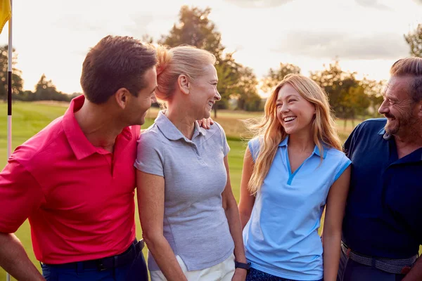 Mature Mid Adult Couples Standing Flag Green Playing Golf Together — Stock Photo, Image