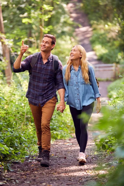 Älskade Par Landet Vandring Längs Vägen Genom Skogen Tillsammans Håller — Stockfoto