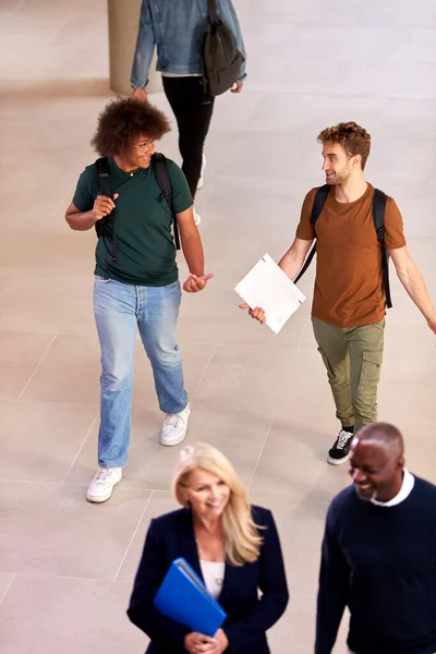 Twee Mannelijke Studenten Drukke Universiteit College Gebouw Praten Als Lopen — Stockfoto