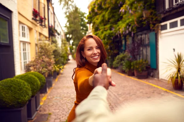 Point View Shot Young Woman Leading Man City Street Hand — Stock Photo, Image