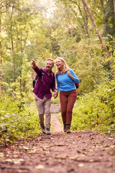 Mature Loving Couple Countryside Hiking Path Forest Together Holding Hands — Stock Photo, Image