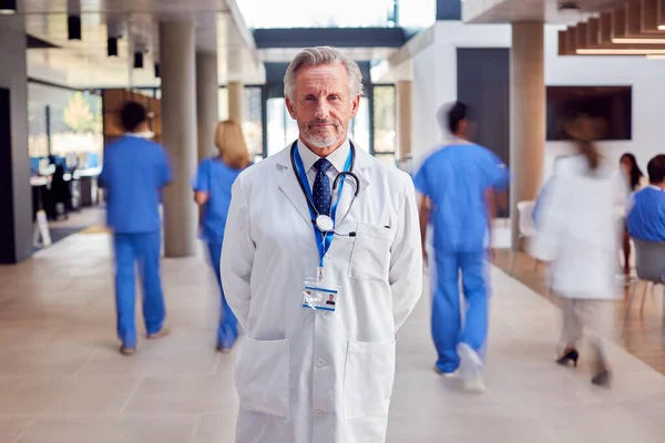 Portrait Docteur Masculin Portant Manteau Blanc Dans Hôpital Occupé — Photo