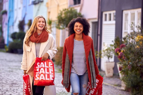 Woman Friend Sale Shopping Walking City Street Bags Fall Winter — Stock Photo, Image