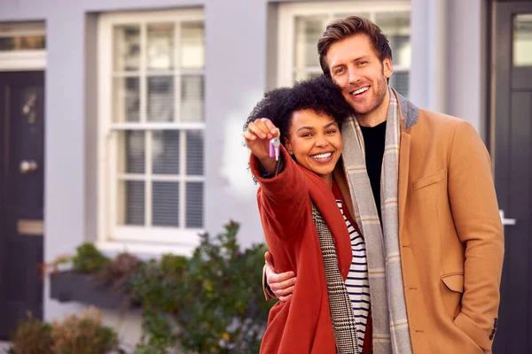 Portrait Multi Cultural Couple Outdoors Moving Day Holding Keys New — Stock Photo, Image