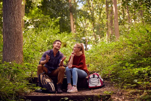 Couple Countryside Hiking Path Forest Sit Take Break Together — Stock Photo, Image