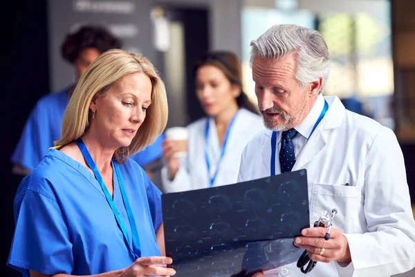 Twee Artsen Witte Jas Scrubs Bespreken Patiëntenscan Drukke Ziekenhuis — Stockfoto