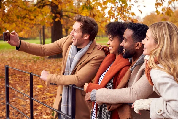 秋天公园里 一群穿着外套 戴着围巾的朋友们为了自己的安全而在外面打电话 — 图库照片