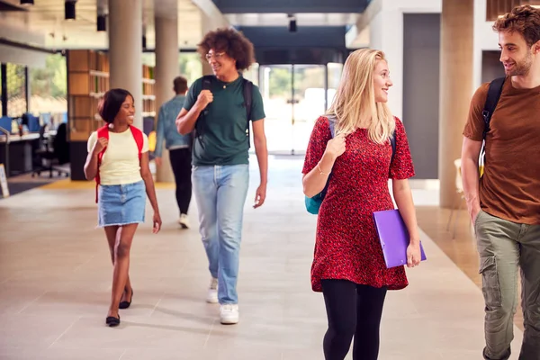 Male Female Students Busy University College Building Talking Walk Corridor — Stock Photo, Image