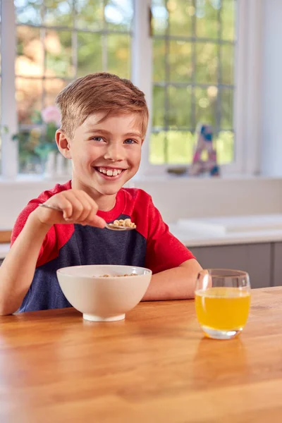 自宅で食べる男の子の肖像 キッチンカウンターでの朝食会のボウル — ストック写真