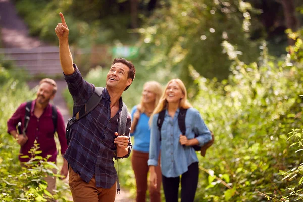 Mature Mid Adult Couples Countryside Hiking Path Forest Together — Stock Photo, Image