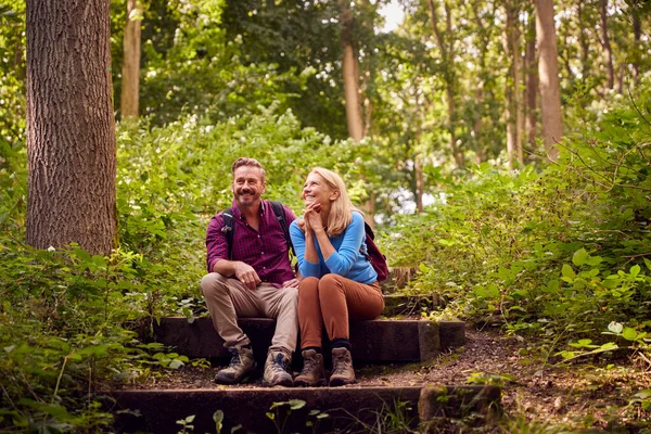 在乡间小径上走着的一对成熟的夫妇在森林里坐着休息一下 — 图库照片