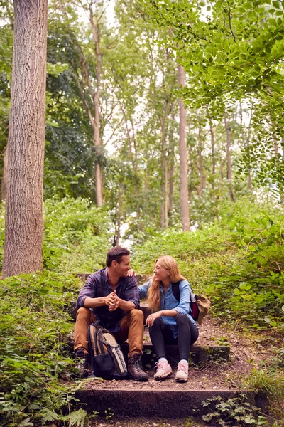 Pareja Campo Senderismo Largo Del Camino Través Del Bosque Juntos —  Fotos de Stock