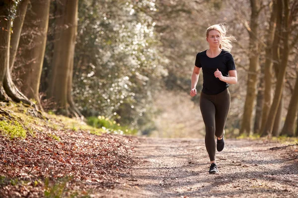 Young Woman Running Autumn Countryside Improve Mental Health Health Lockdown — Fotografia de Stock