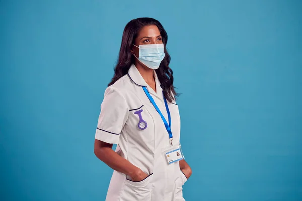 Portrait Female Mature Nurse Uniform Wearing Face Mask Front Blue — Photo