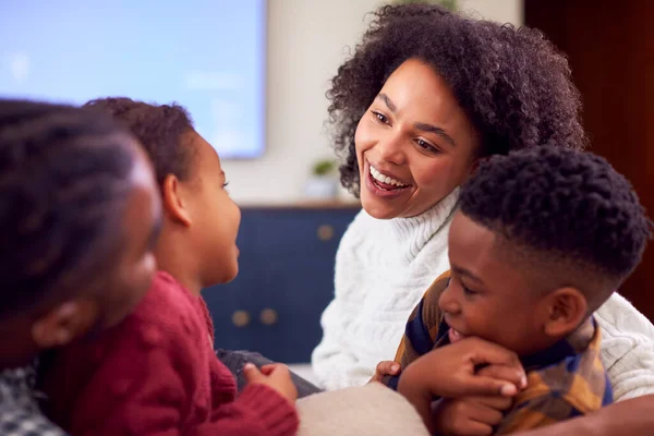 Family Sitting Sofa Having Fun Watching Movie Home — Stock Photo, Image