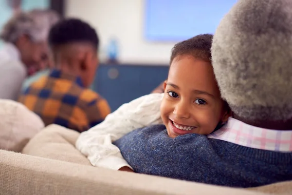 Portrait Grandparents Grandchildren Sitting Sofa Watching Movie Home —  Fotos de Stock