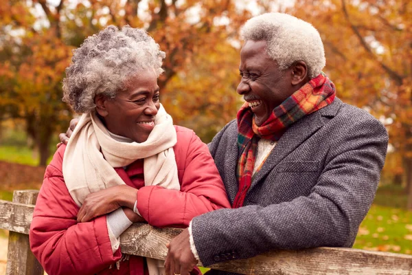 Loving Senior Couple Walk Autumn Countryside Resting Gate — Stock Fotó